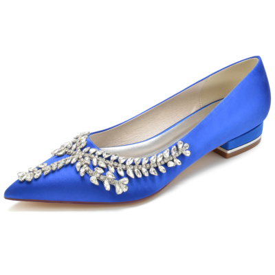 Zapatos Planos de Boda de Raso Azul Real con Punta Puntiaguda y Adornos de Joyas