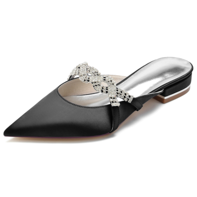 Zapatos de mula de boda planos de joyería con punta en punta de satén negro