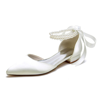 White Satin Pointed Toe Pearl Strap Lace up Wedding Flat