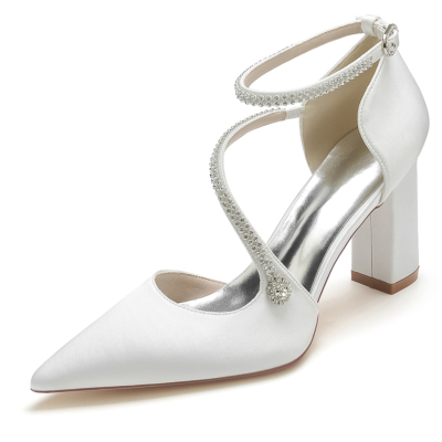 Zapatos de boda de tacón con correa en el tobillo y punta estrecha de satén blanco