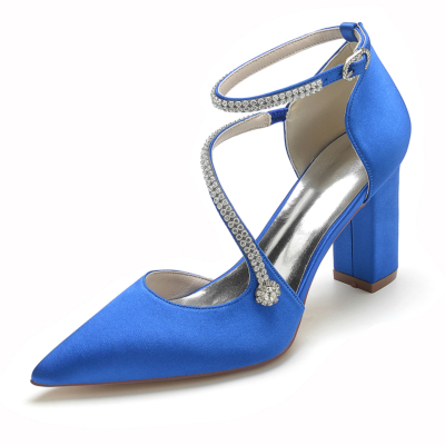 Zapatos de boda de tacón con correa en el tobillo y punta estrecha de satén azul