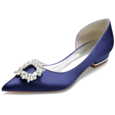 Zapatos planos con hebilla de diamantes de imitación y punta en punta de satén azul marino