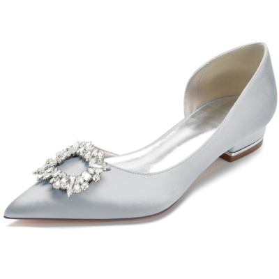 Zapatos planos con hebilla de diamantes de imitación y punta en punta de satén plateado