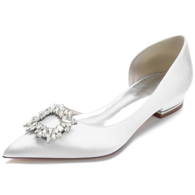 Zapatos planos con hebilla de diamantes de imitación en punta de satén blanco