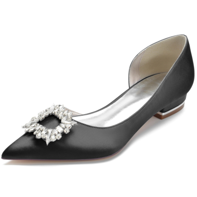 Zapatos planos con hebilla de diamantes de imitación y punta estrecha de satén negro