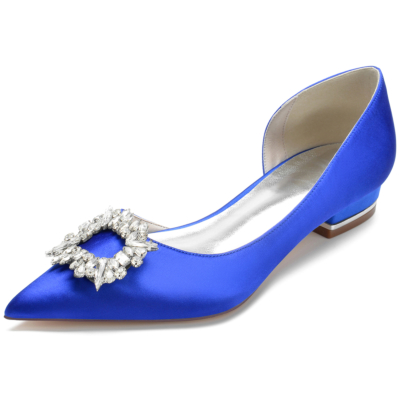 Zapatos planos con hebilla de diamantes de imitación y punta estrecha de satén azul real