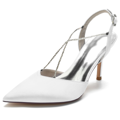 Zapatos de salón de tacón destalonado con tiras cruzadas y diamantes de imitación con punta en punta de satén