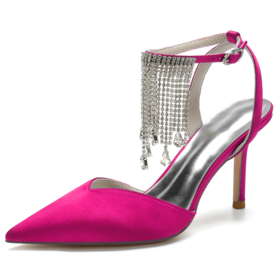 Sandalias tacón de aguja con flecos de diamantes de imitación con punta en punta de satén rosa
