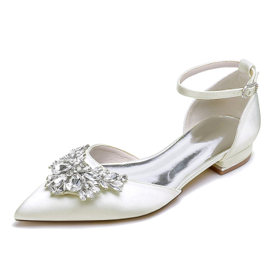Ivory Satin Pointed Toe Rhinestone Wedding Shoes Ankle Strap Flat