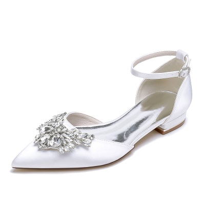 White Satin Pointed Toe Rhinestone Wedding Shoes Ankle Strap Flat