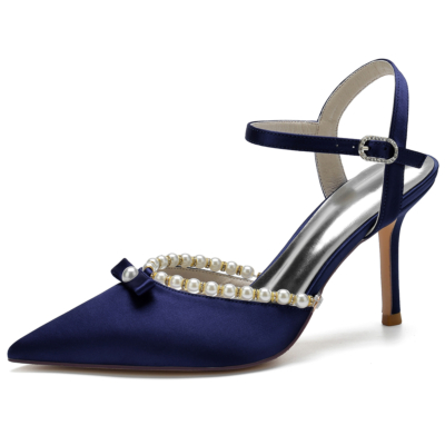 Zapatos de boda de perlas con tacón destalonado en punta de satén azul marino