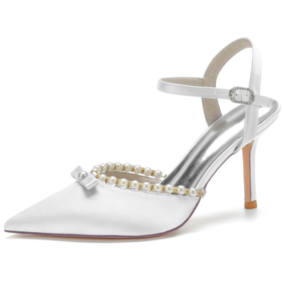 Zapatos de boda de perlas con tacones de punta estrecha de satén blanco