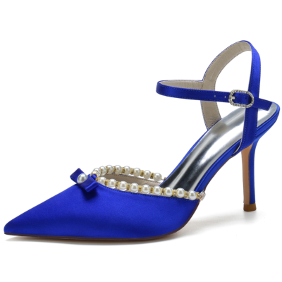 Zapatos de boda con perlas y tacón destalonado en punta de satén azul real