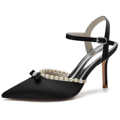Zapatos de boda de perlas con tacón destalonado en punta de satén negro