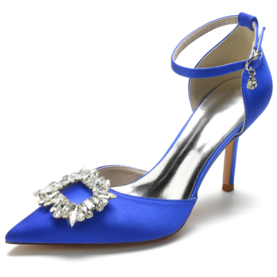 Zapatos de salón con correa en el tobillo y tacón de aguja con punta en punta de satén azul real