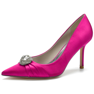 Zapatos de boda con diamantes de imitación y tacón de aguja en punta de satén rosa