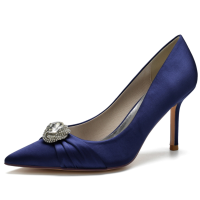 Zapatos de boda con diamantes de imitación y tacón de aguja en punta de satén azul marino