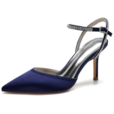 Zapatos de tacón de aguja con punta en punta de satén azul marino Zapatos de boda de tacón con correa en el tobillo