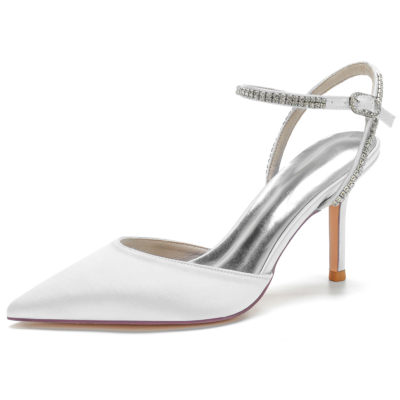 Zapatos de tacón de aguja con punta en punta de satén blanco Zapatos de boda de tacón con correa en el tobillo