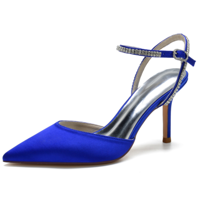 Zapatos de tacón de aguja con punta en punta de satén azul real Zapatos de boda con tacón de correa en el tobillo