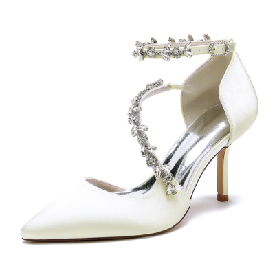 Zapatos de boda de tacón de aguja con punta en punta de satén blanco