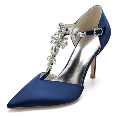 Zapatos de tacón con tira en T para joyería con punta en punta de satén azul marino, zapatos de tacón para boda
