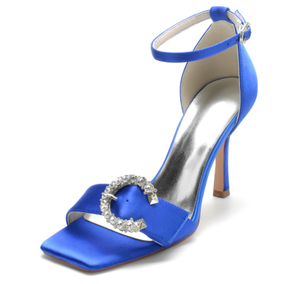 Sandalias con correa en el tobillo y punta abierta con hebilla de diamantes de imitación de satén azul real
