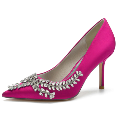 Zapatos de boda de tacón de aguja con flores de diamantes de imitación de satén rosa
