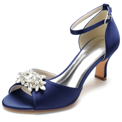Sandalias con correa en el tobillo y tacón de carrete con punta abierta y diamantes de imitación de satén azul marino para fiesta