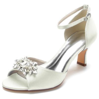 Sandalias de correa de tobillo con tacón de carrete y punta abierta de diamantes de imitación de satén marfil para fiesta