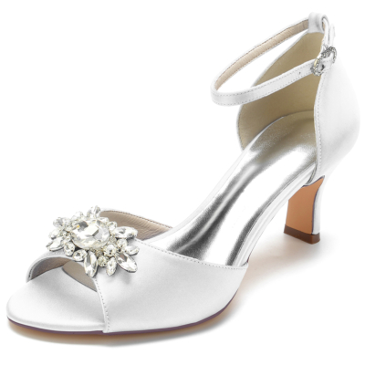 Sandalias de correa de tobillo de tacón de carrete de punta abierta de diamantes de imitación de satén blanco para fiesta