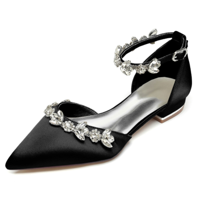 Zapatos planos de boda con diamantes de imitación de satén negro Zapatos nupciales D'orsay
