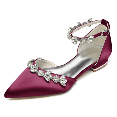 Zapatos planos de boda con diamantes de imitación de satén burdeos Zapatos nupciales D'orsay