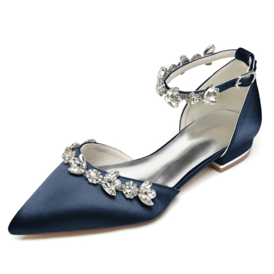 Zapatos planos de boda con diamantes de imitación de satén azul marino Zapatos nupciales D'orsay