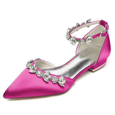 Zapatos planos de boda con diamantes de imitación de satén magenta Zapatos nupciales D'orsay