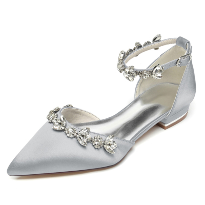 Zapatos planos de boda con diamantes de imitación de satén plateado Zapatos nupciales D'orsay