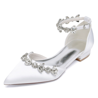 Zapatos planos de boda con diamantes de imitación de satén blanco Zapatos nupciales D'orsay