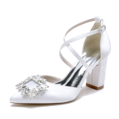 Zapatos de boda con tira cruzada y tacón grueso con hebillas de diamantes de imitación de satén blanco