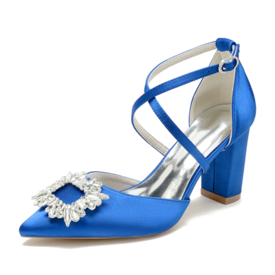 Zapatos de boda con tiras cruzadas y tacón grueso con hebillas de diamantes de imitación de satén azul real