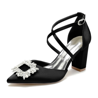 Zapatos de tacón con tiras cruzadas y tacón grueso con hebillas de diamantes de imitación de satén negro