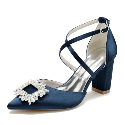 Zapatos de boda con tira cruzada y tacón grueso con hebillas de diamantes de imitación de satén azul marino