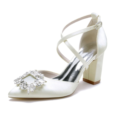 Zapatos de boda con tira cruzada y tacón grueso con hebillas de diamantes de imitación de satén marfil