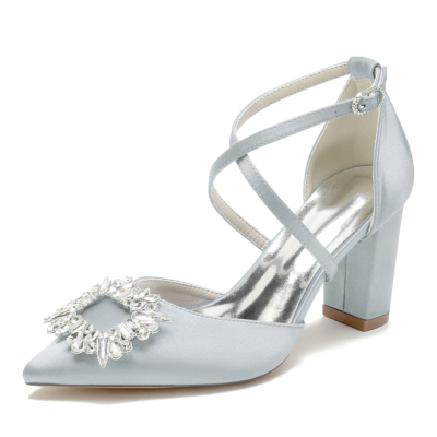 Zapatos de boda con tira cruzada y tacón grueso con hebillas de diamantes de imitación de satén plateado