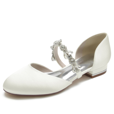 Zapatos de ballet planos D'orsay con punta redonda de satén blanco y correas de diamantes de imitación