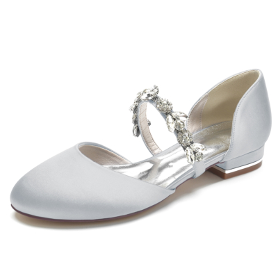 Zapatos de ballet planos D'orsay con punta redonda de satén plateado y correas de diamantes de imitación