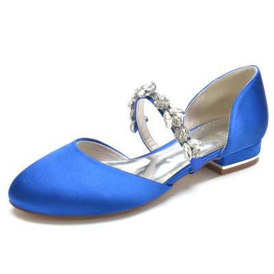 Zapatos de ballet planos D'orsay con punta redonda de satén azul real y correas de diamantes de imitación