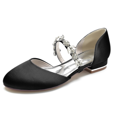 Zapatos de ballet planos D'orsay con punta redonda de satén negro y correas de diamantes de imitación