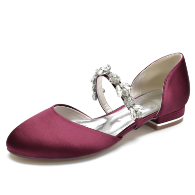 Zapatos de ballet planos D'orsay con punta redonda de satén burdeos y correas de diamantes de imitación