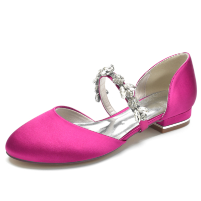 Zapatos de ballet planos D'orsay con punta redonda de satén magenta y correas de diamantes de imitación