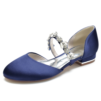 Zapatos de ballet planos D'orsay con punta redonda de satén azul marino y correas de diamantes de imitación